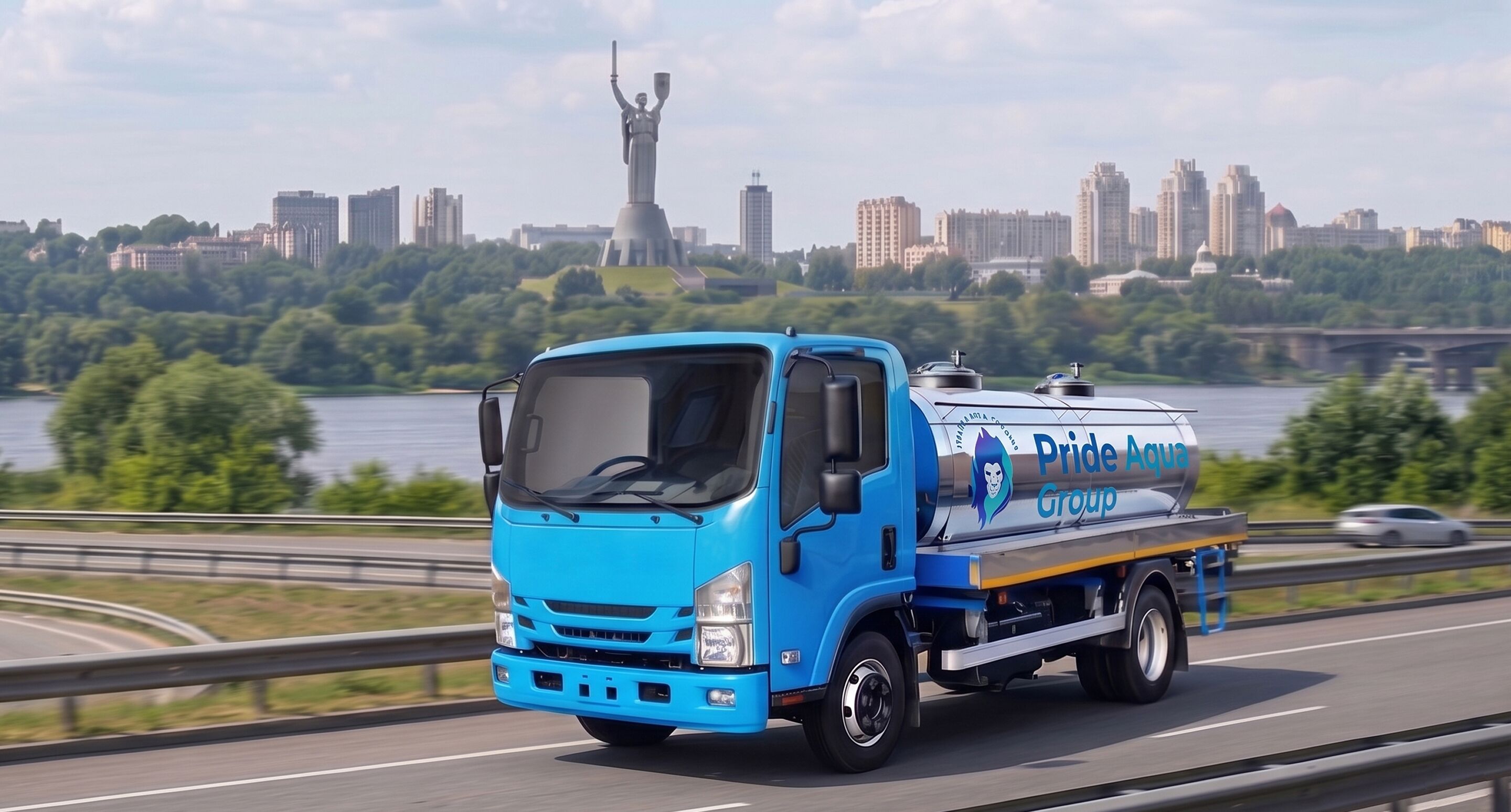 Автоцистерна Pride Aqua Group на тлі панорами Києва